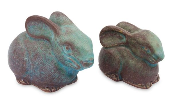 Alternate image for 2 Celadon Ceramic Rabbit Figurines in Turquoise Bunny Rabbits