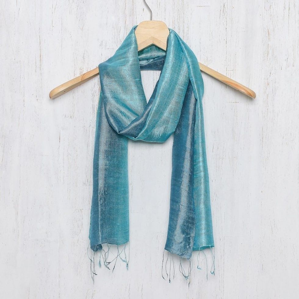 Artisan Crafted 100 Silk Teal Wrap Scarf from Thailand 'Peacock Blue'