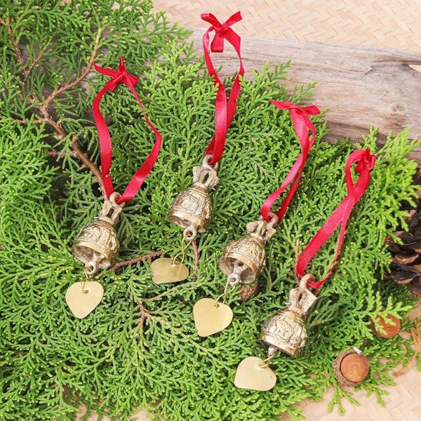 Alternate image for Set of 4 Brass Bell Ornaments with Elephants and Red Ribbons Elephant Choir