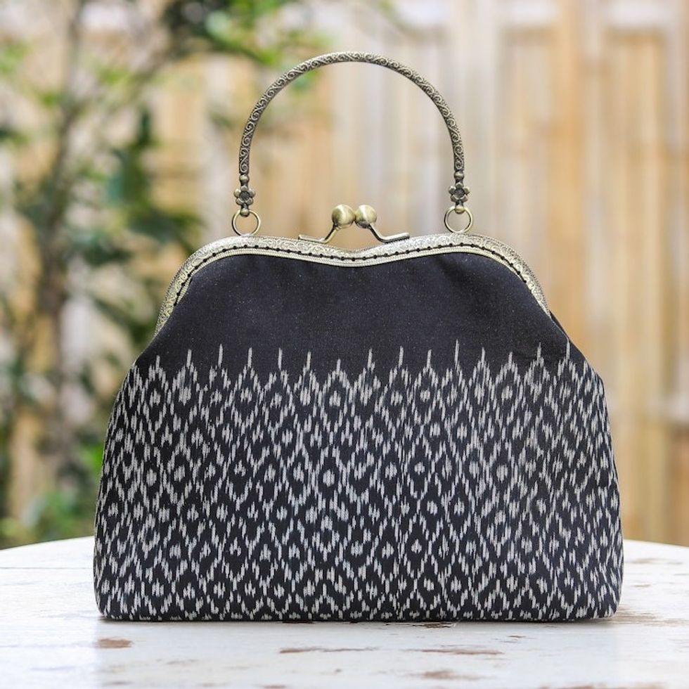 Silk Evening Bag with Brass Handle in Black and White 'Night Allure'