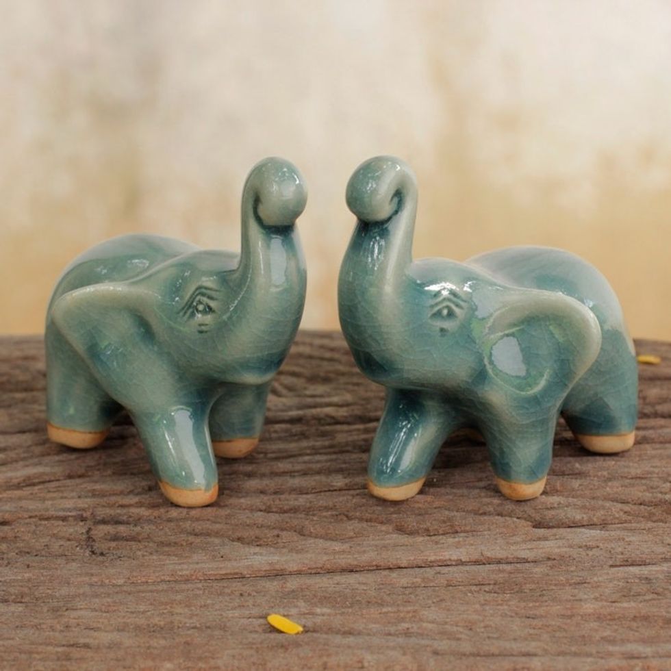 2 Blue Celadon Ceramic Handcrafted Lucky Elephant Figurines 'Lucky Blue Elephants'