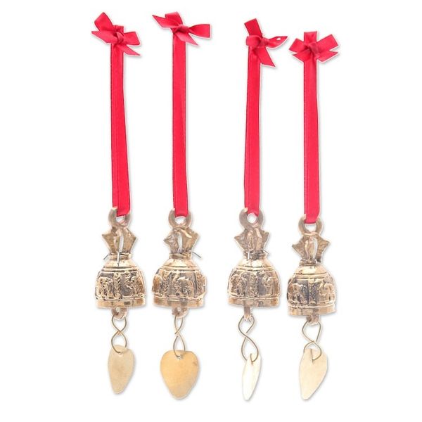Alternate image for Set of 4 Brass Bell Ornaments with Elephants and Red Ribbons Elephant Choir