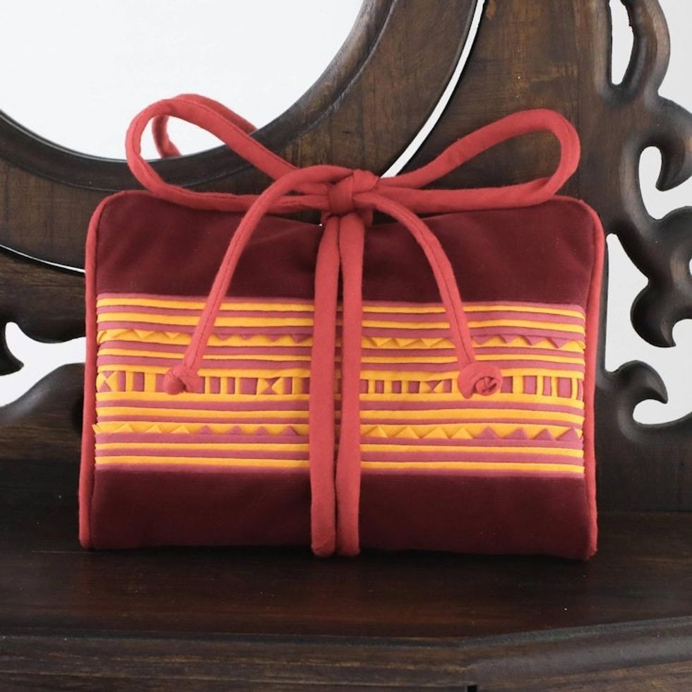 Handmade Lisu Hill Tribe Velvet Jewelry Roll from Thailand 'Precious Hill Tribe in Red'