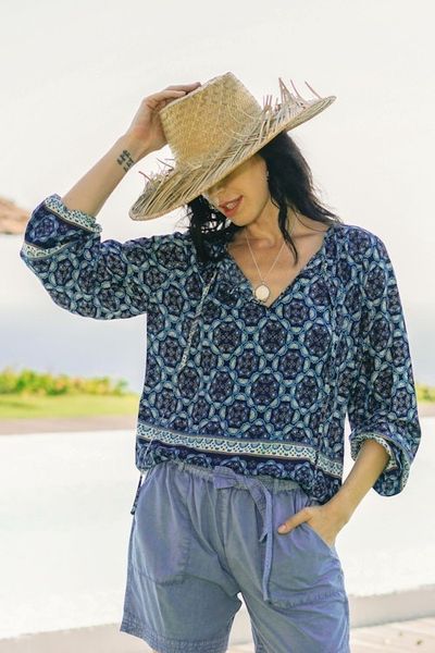 Alternate image for Floral Motif Rayon Blouse in Blue from Thailand Fascinating Evening