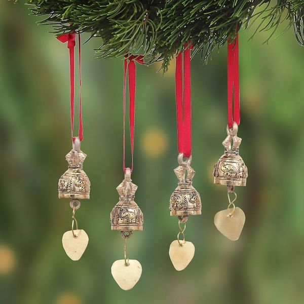 Alternate image for Set of 4 Brass Bell Ornaments with Elephants and Red Ribbons Elephant Choir