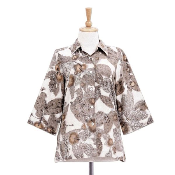 Alternate image for Eco-Friendly Cotton Leaf-Motif Collared Shirt Ivory Botanicals