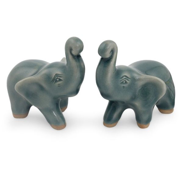 Alternate image for 2 Blue Celadon Ceramic Handcrafted Lucky Elephant Figurines Lucky Blue Elephants