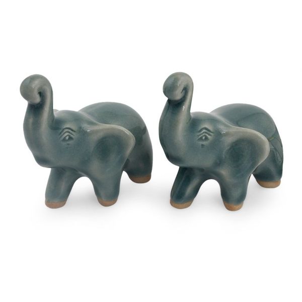 Alternate image for 2 Blue Celadon Ceramic Handcrafted Lucky Elephant Figurines Lucky Blue Elephants