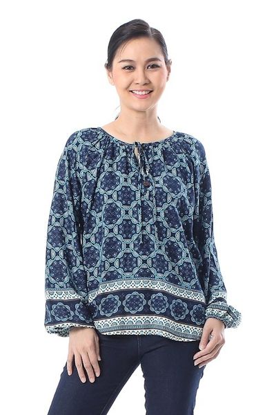 Alternate image for Floral Motif Rayon Blouse in Blue from Thailand Fascinating Evening