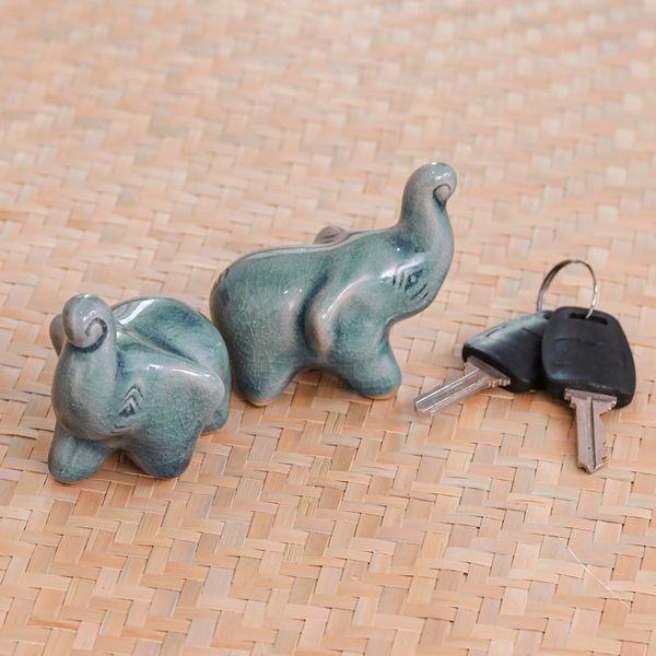 Alternate image for 2 Blue Celadon Ceramic Handcrafted Lucky Elephant Figurines Lucky Blue Elephants
