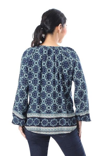 Alternate image for Floral Motif Rayon Blouse in Blue from Thailand Fascinating Evening