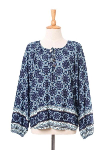 Alternate image for Floral Motif Rayon Blouse in Blue from Thailand Fascinating Evening