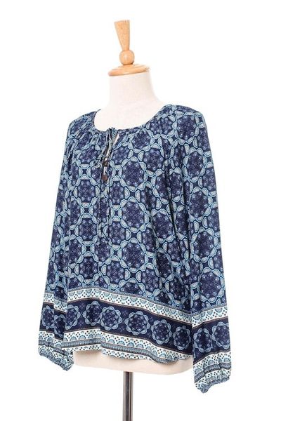 Alternate image for Floral Motif Rayon Blouse in Blue from Thailand Fascinating Evening