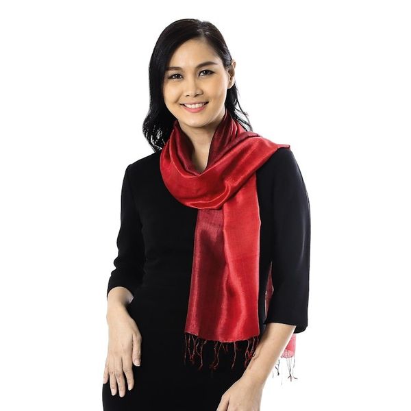 Alternate image for Ruby Red Tie-Dyed Handwoven Silk Scarf with Fringe Ruby Love