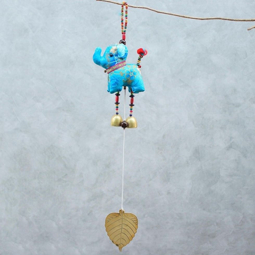 Elephant-Themed Cotton Mobile in Blue from Thailand 'Elephant Dance in Blue'