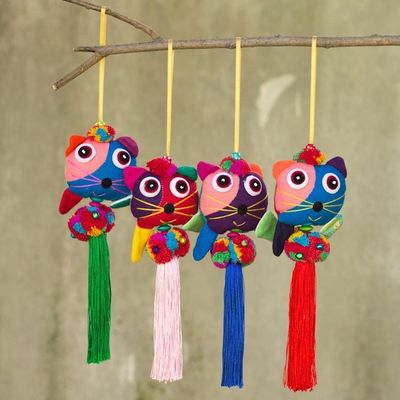 Alternate image for 4 Hand Crafted Multicolor Cats and Brass Bells Ornaments Happy Thai Cats