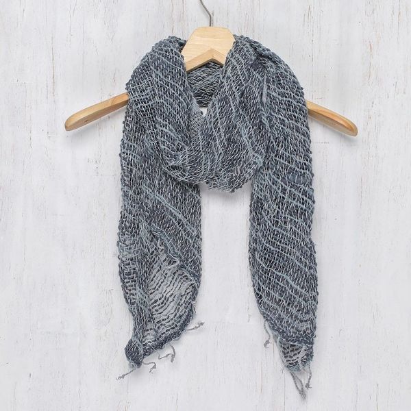 Alternate image for Blue Gray Open Weave Cotton Scarf Handmade in Thailand Winter Melange