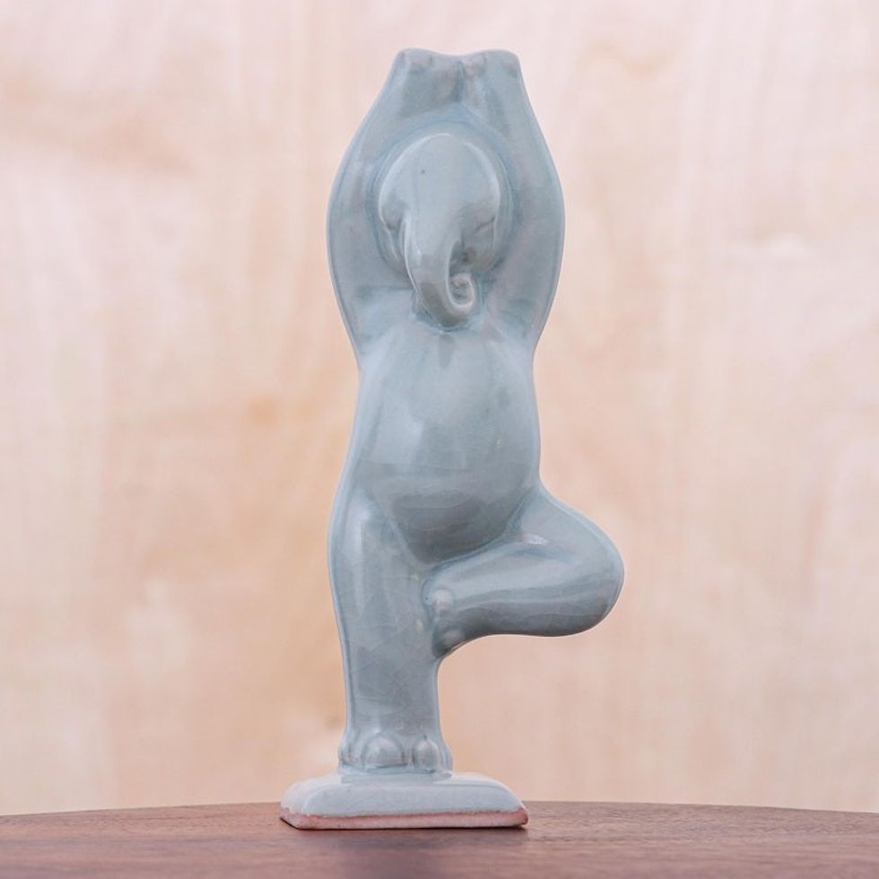 Ceramic Elephant Yoga Figurine from Thailand 'Elephant Tree Pose'