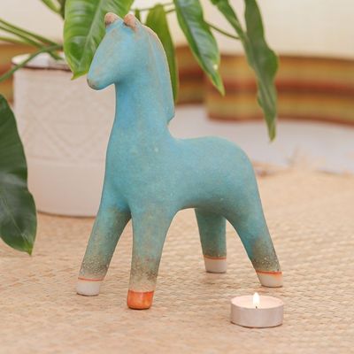 Alternate image for Turquoise Blue and Brown Handcrafted Ceramic Sculpture Lanna Horse