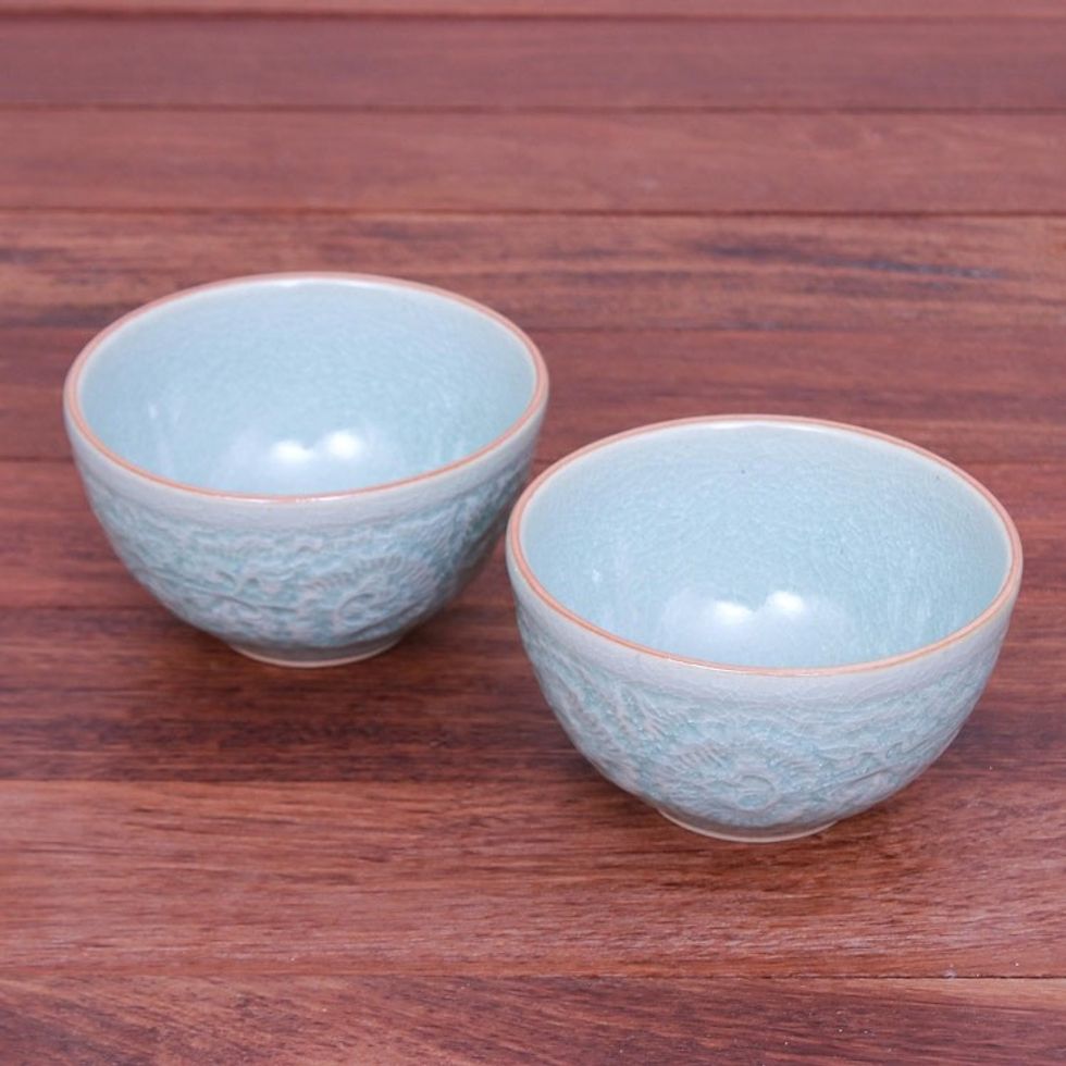 Hand Made Celadon Ceramic Floral Bowls Pair 'Antique Flora'