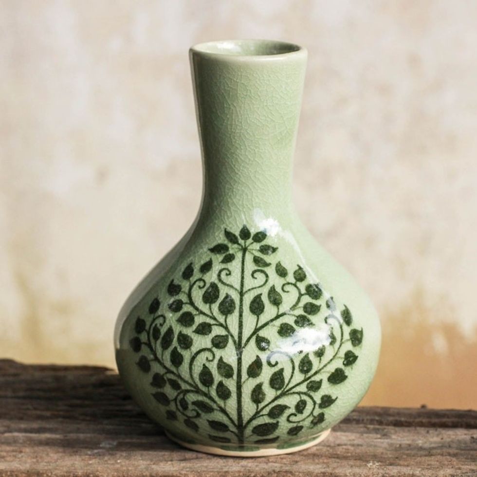 Fair Trade Thai Celadon Vase with Bodhi Tree Motif 'Thai Bodhi'