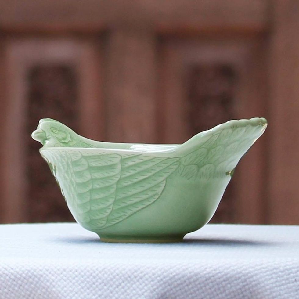 Hand Crafted Celadon Ceramic Chicken Bowl from Thailand 'Chiang Mai Chicken'