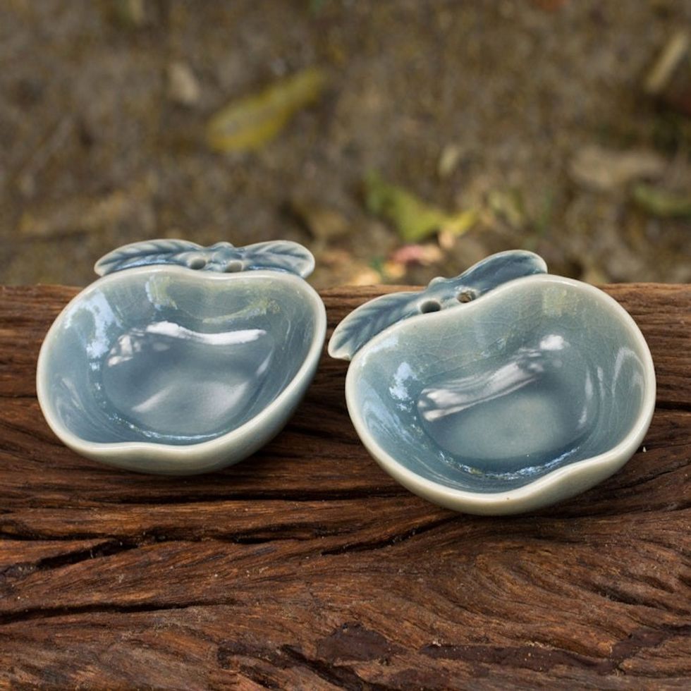 Blue Celadon Condiment Dish Pair from Thailand 'Blue Apple'