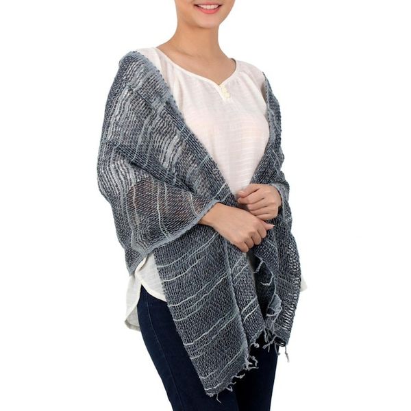 Alternate image for Blue Gray Open Weave Cotton Scarf Handmade in Thailand Winter Melange