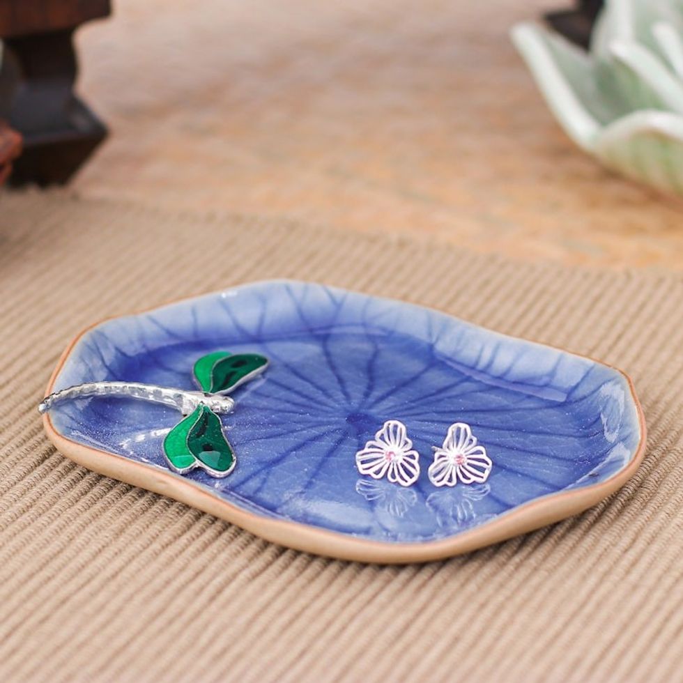 Handcrafted Blue Dragonfly-Themed Celadon Ceramic Catchall 'Dreamy Dragonfly'