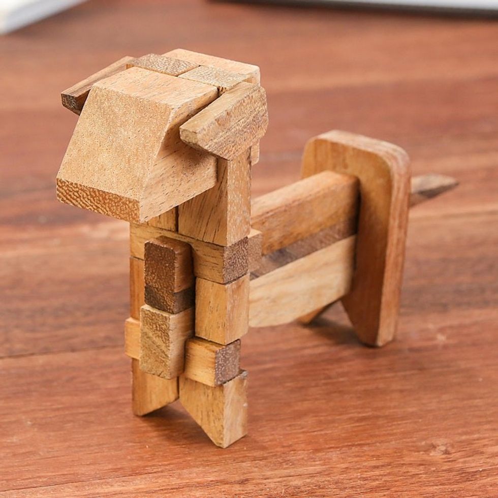 Handcrafted Wood Dog-Shaped Puzzle from Thailand 'Excited Puppy'