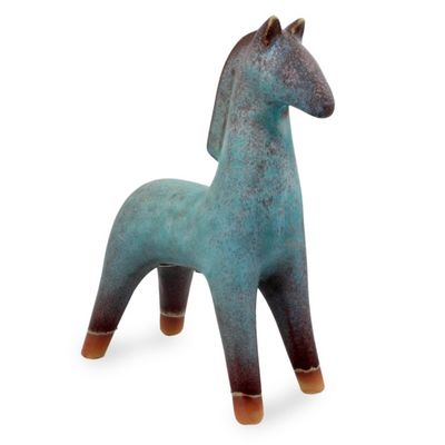 Alternate image for Turquoise Blue and Brown Handcrafted Ceramic Sculpture Lanna Horse