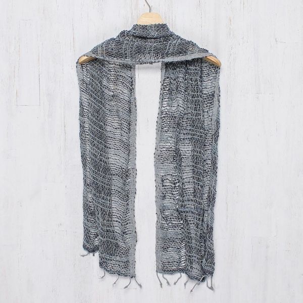 Alternate image for Blue Gray Open Weave Cotton Scarf Handmade in Thailand Winter Melange