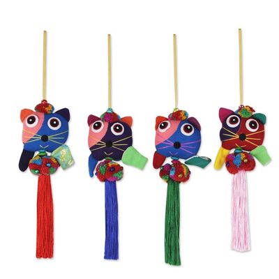 Alternate image for 4 Hand Crafted Multicolor Cats and Brass Bells Ornaments Happy Thai Cats