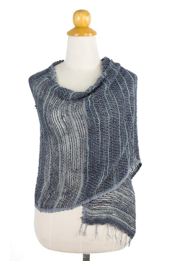 Alternate image for Blue Gray Open Weave Cotton Scarf Handmade in Thailand Winter Melange