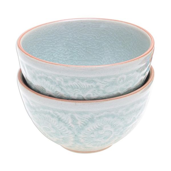 Alternate image for Hand Made Celadon Ceramic Floral Bowls Pair Antique Flora