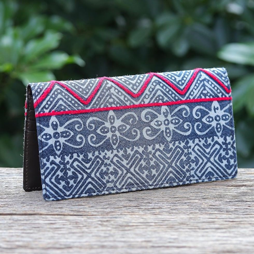 Hand Made Cotton and Leather Batik Long Wallet 'Red Thread'