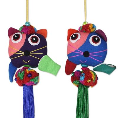 Alternate image for 4 Hand Crafted Multicolor Cats and Brass Bells Ornaments Happy Thai Cats