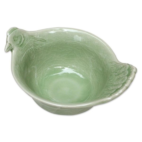 Alternate image for Hand Crafted Celadon Ceramic Chicken Bowl from Thailand Chiang Mai Chicken