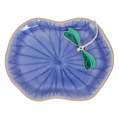 Alternate image for Handcrafted Blue Dragonfly-Themed Celadon Ceramic Catchall Dreamy Dragonfly