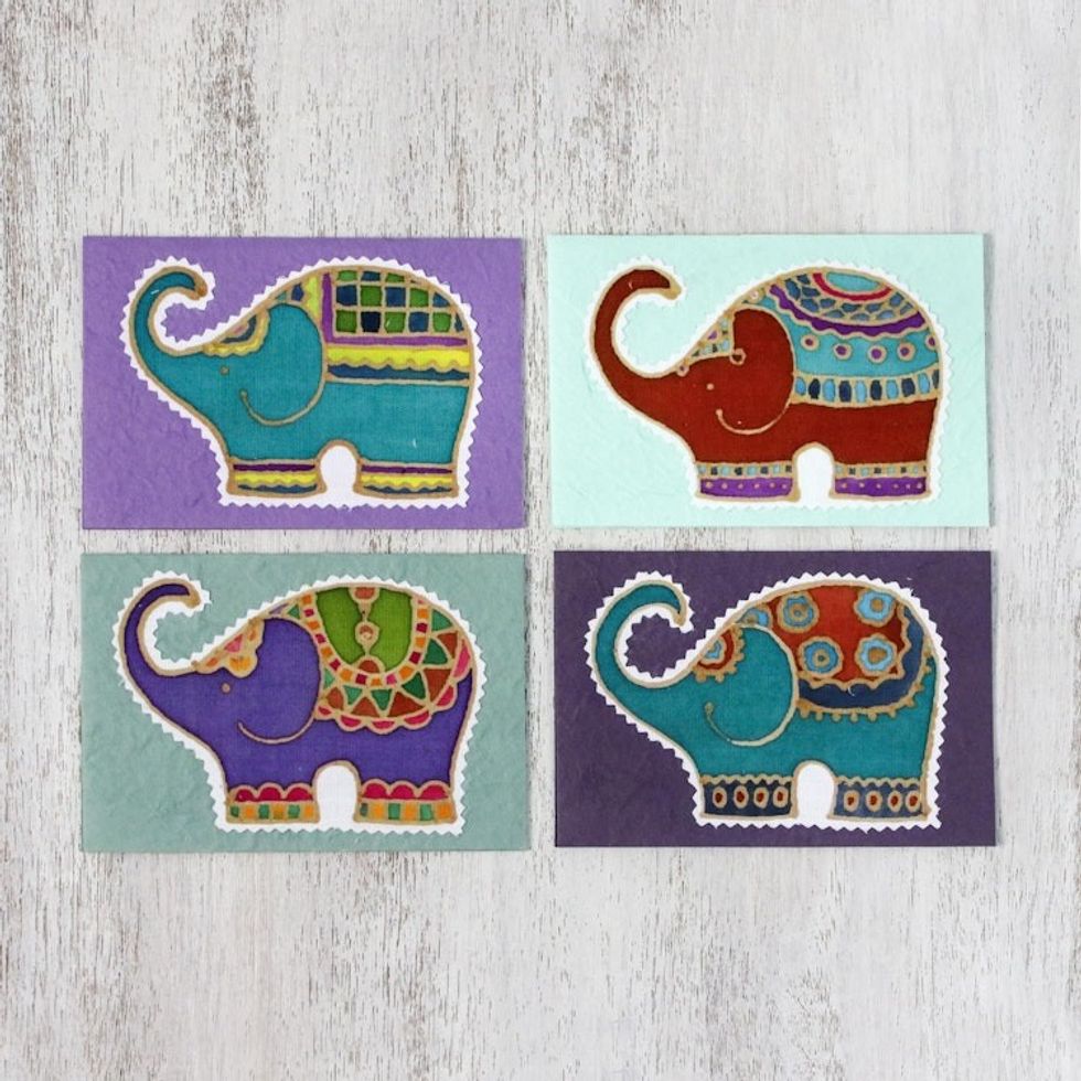 Four Colorful Batik Elephant Greeting Cards from Thailand 'Well-Wishing Elephants'