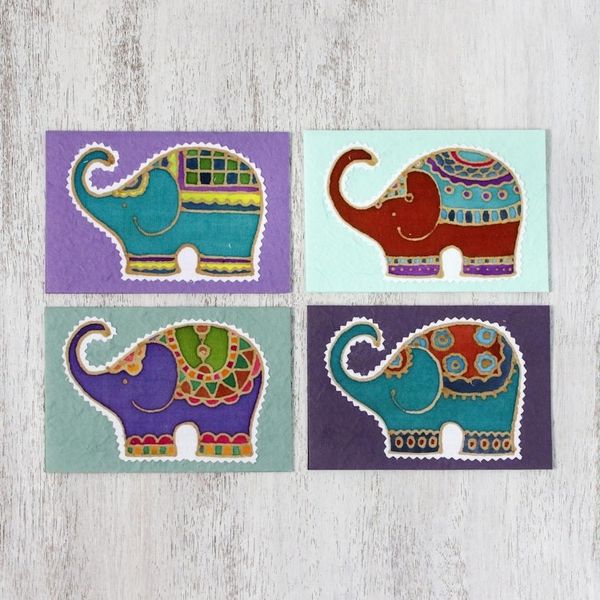 Alternate image for Four Colorful Batik Elephant Greeting Cards from Thailand Well-Wishing Elephants