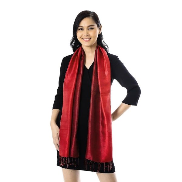 Alternate image for Ruby Red Tie-Dyed Handwoven Silk Scarf with Fringe Ruby Love