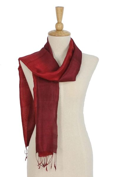 Alternate image for Ruby Red Tie-Dyed Handwoven Silk Scarf with Fringe Ruby Love
