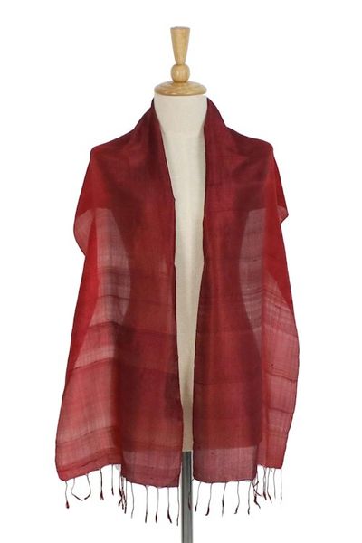 Alternate image for Ruby Red Tie-Dyed Handwoven Silk Scarf with Fringe Ruby Love