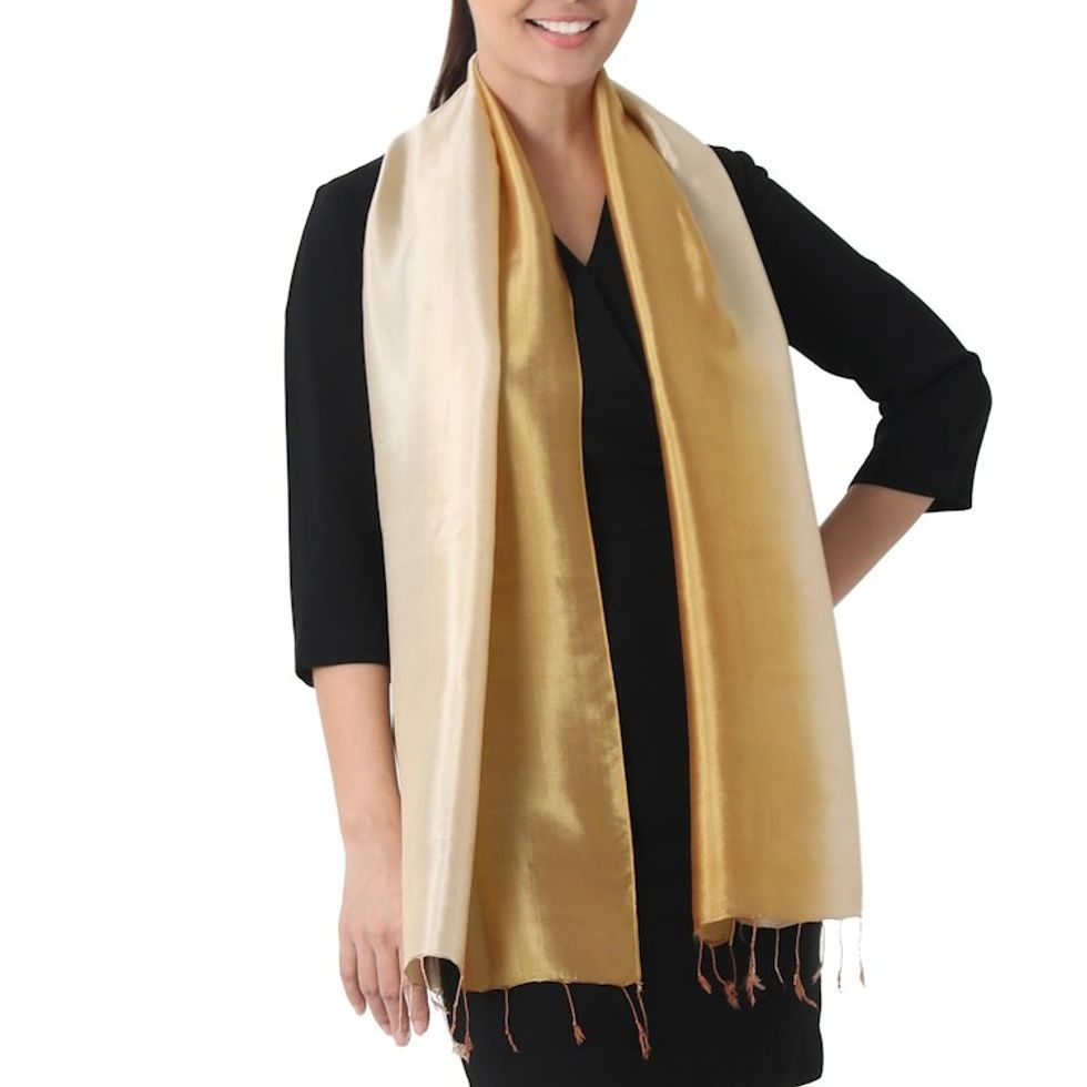 Golden Ombr Rayon and Silk Blend Scarf for Women 'Golden Brown Shimmer'