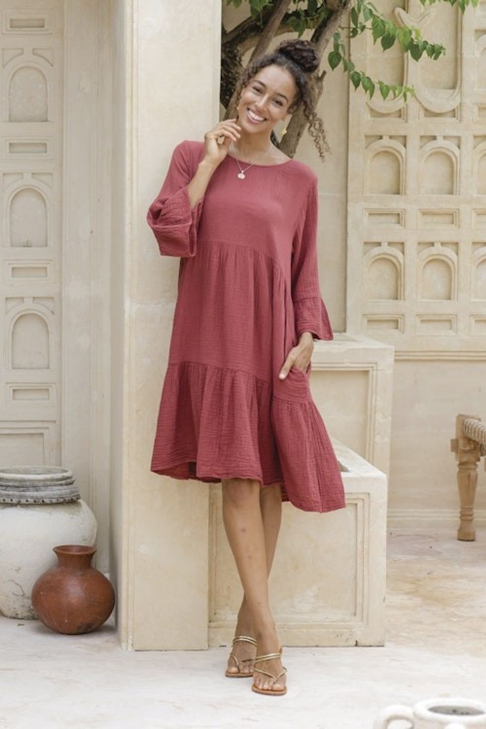 Double-Gauze Cotton Tunic Dress in a Cranberry Hue 'Cranberry Trends'