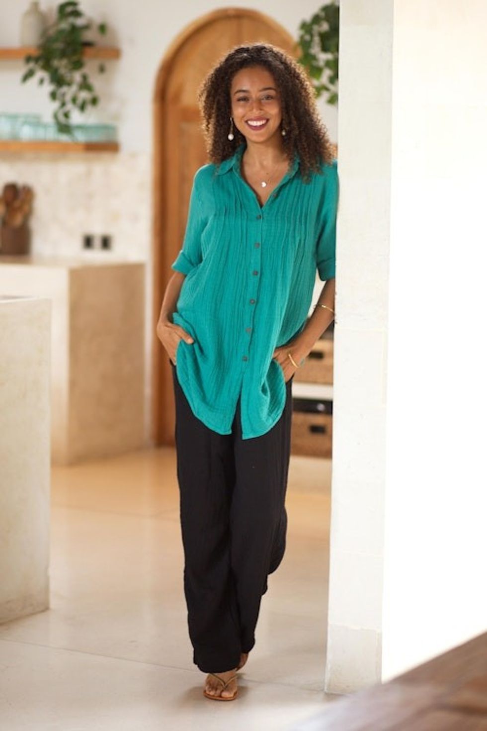 Button-Up Cotton Gauze Shirt from Thailand 'Sea Green Pintucks'