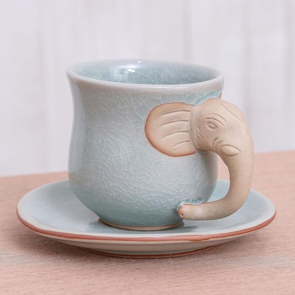 Aqua Celadon Cup and Saucer with Elephant Motif 'Elephant Gaze'