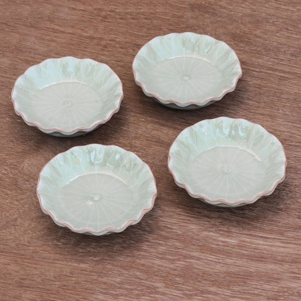 Lotus Leaf Celadon Ceramic Appetizer Bowls Set of 4 'Festive Lotus'