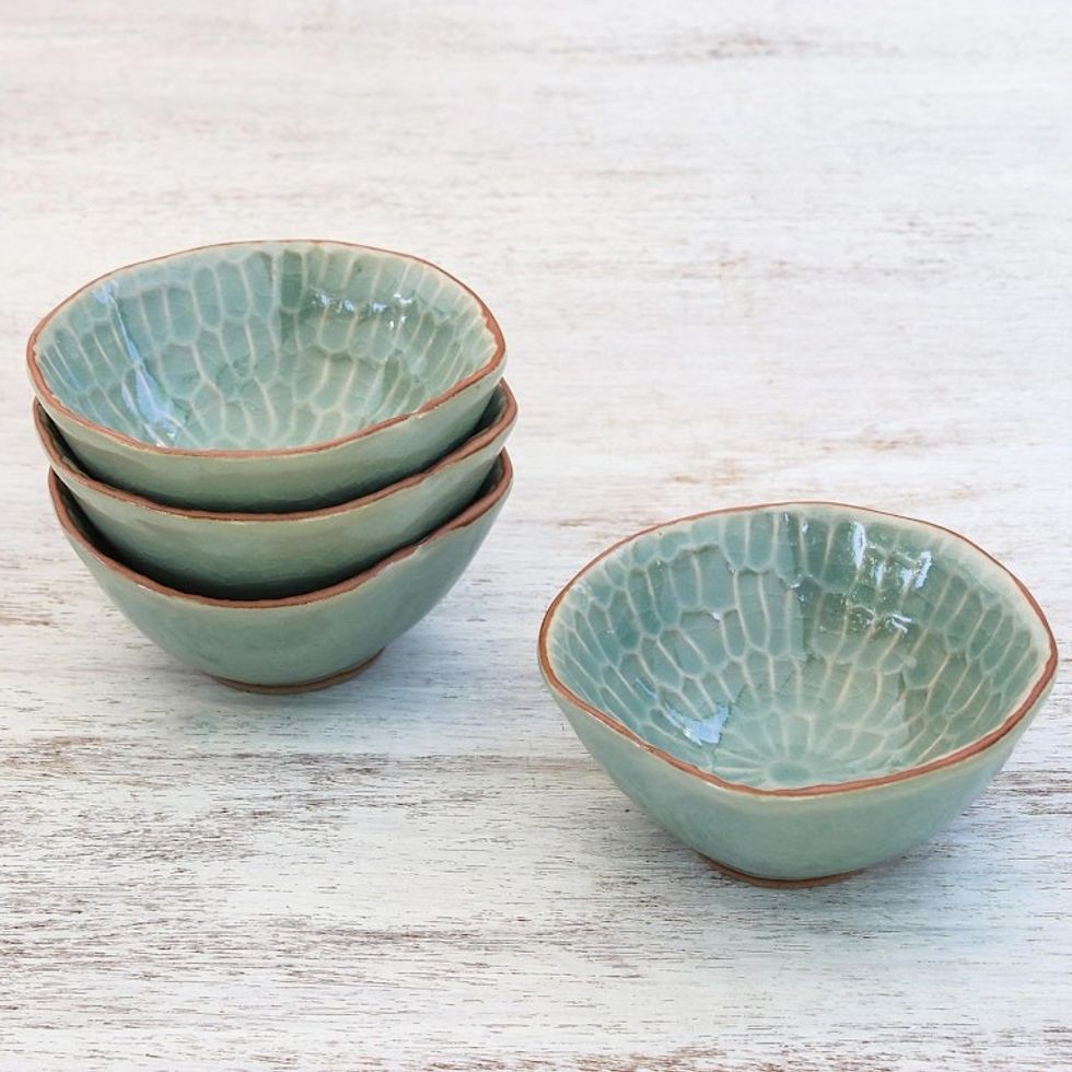 Celadon Ceramic Appetizer Bowls from Thailand Set of 4 'Sunflower Dream'